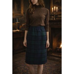 VTG Moffat Weavers Scottish Wool Plaid Pencil Skirt Blue Green Dark Academia XS